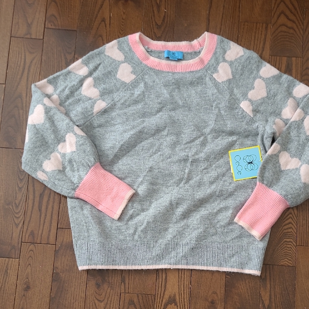 NWT CECE Gray and Pink Heart Sweater crew neck size S